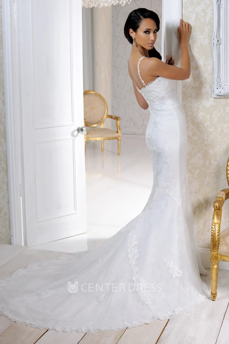 Floor-Length Straps Appliqued Satin&Tulle Spring Wedding Dress