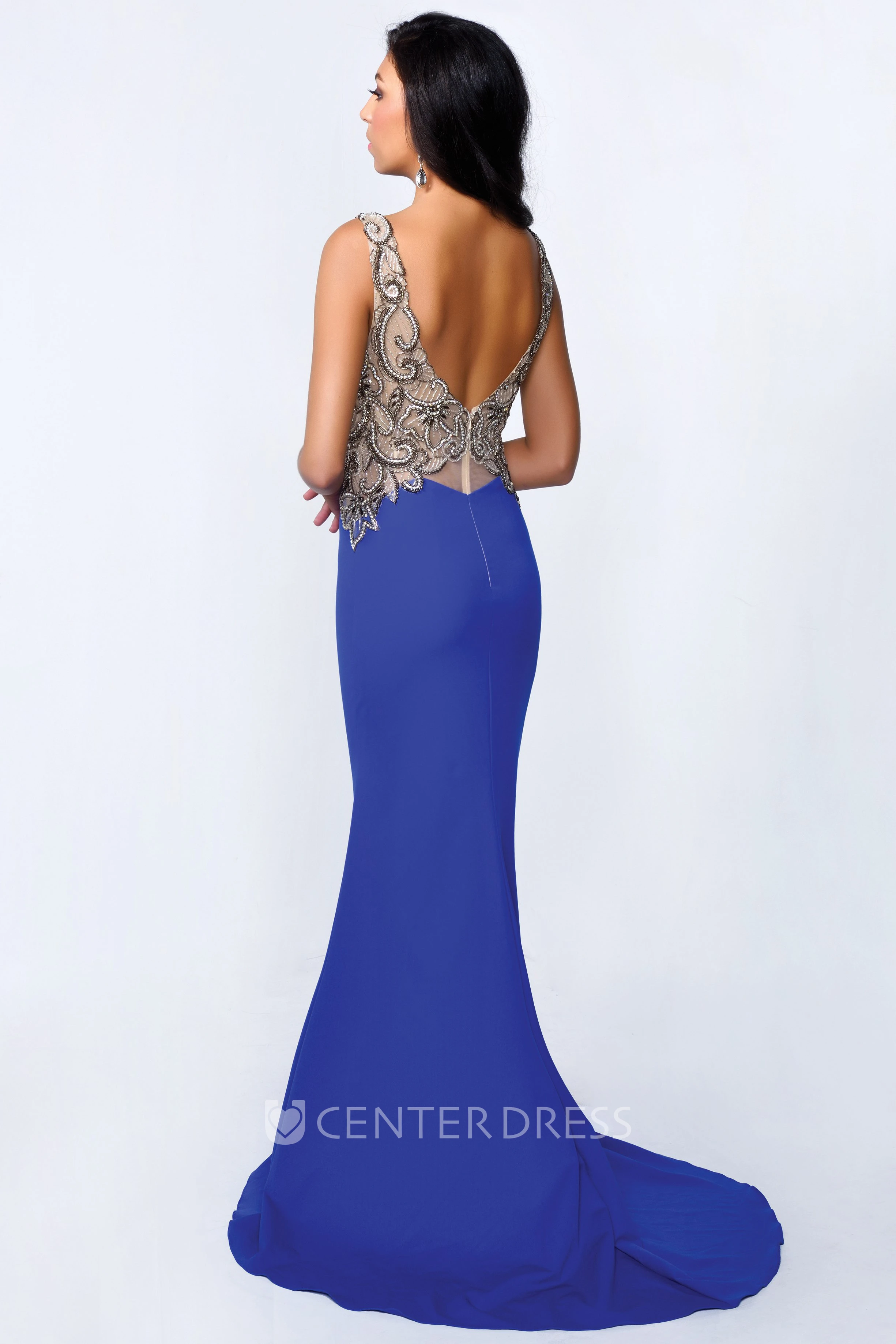 Sheath Maxi Scoop-Neck Sleeveless Jersey Deep-V Back Dress With Beading