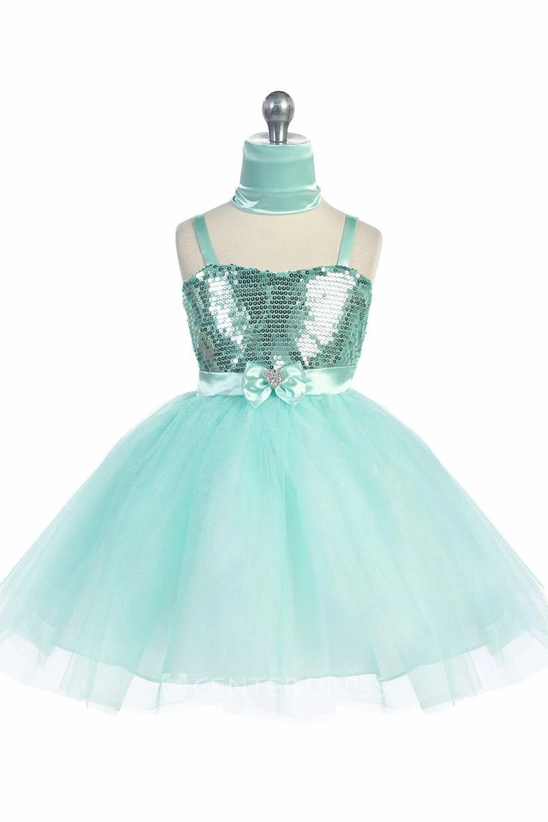 Knee-Length Cape Tiered Beaded Tulle&Sequins Flower Girl Dress With Sash