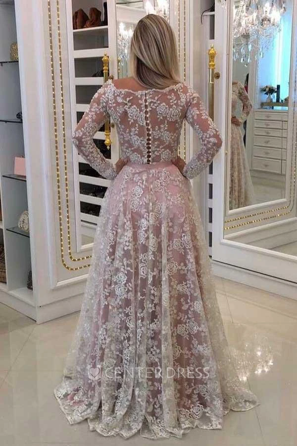 Illusion Long Sleeve Floor-length A-Line Off-the-shoulder Lace Dress