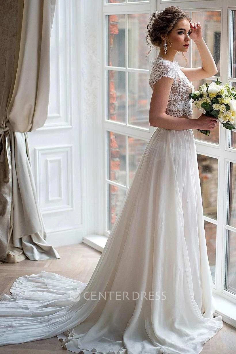 Bateau Short Sleeve Two-Piece Chiffon Wedding Dress With Lace Top