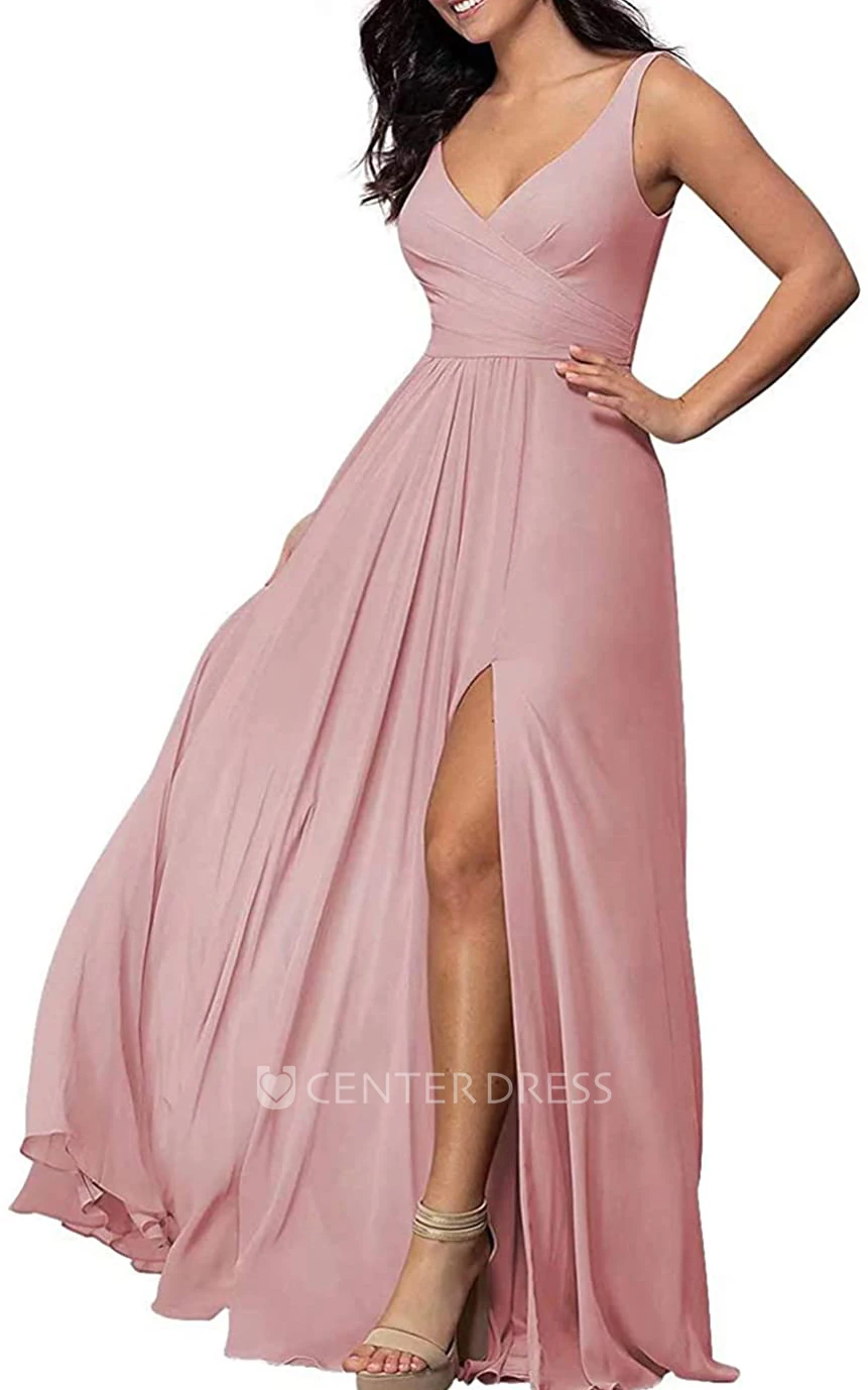 Chiffon Floor-length V-neck A Line Sleeveless Bridesmaid Dress With Criss Split Front