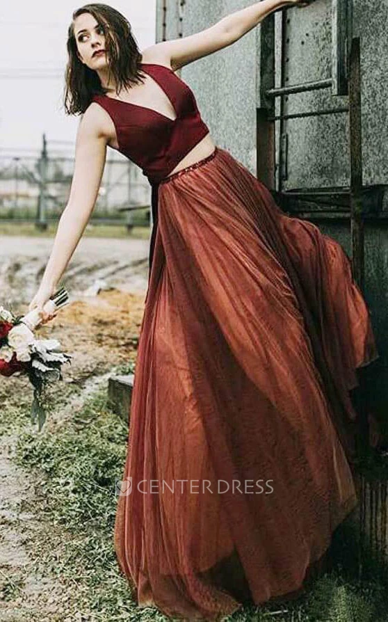 Modern V-neck Two Piece Floor-length Sleeveless Tulle Formal Dress with Bow