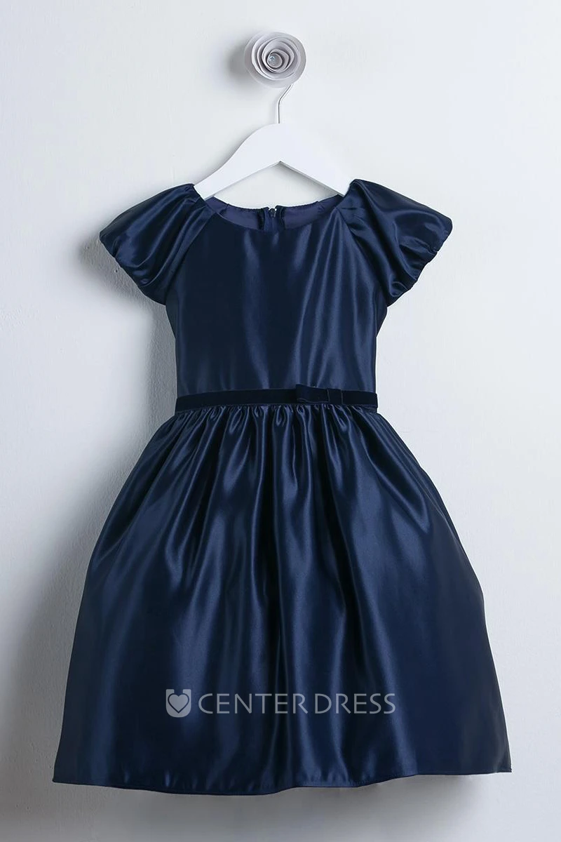 Bowed Cap-Sleeve Satin Flower Girl Dress