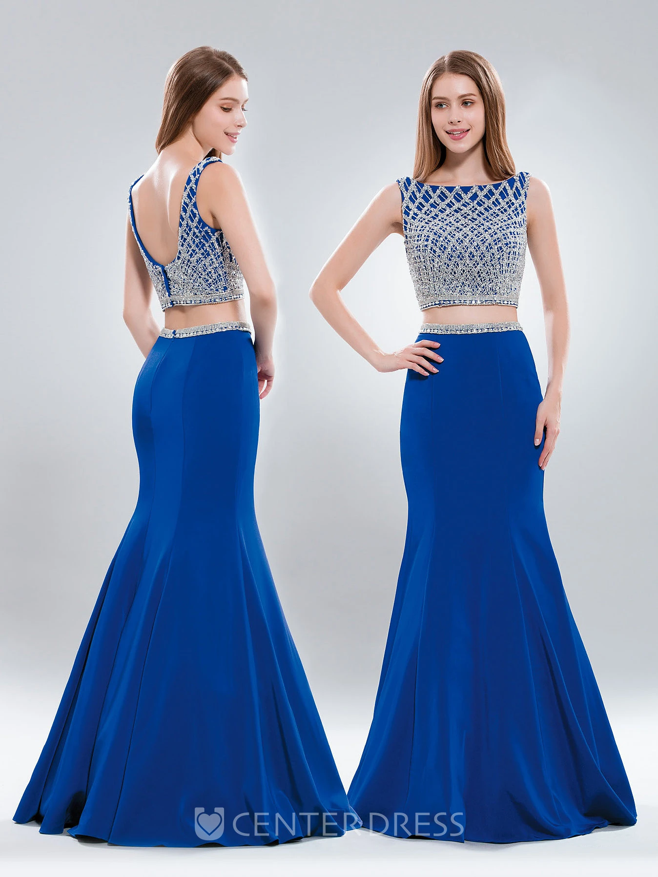 Two-Piece Trumpet Bateau Sleeveless Chiffon Low-V Back Dress With Beading