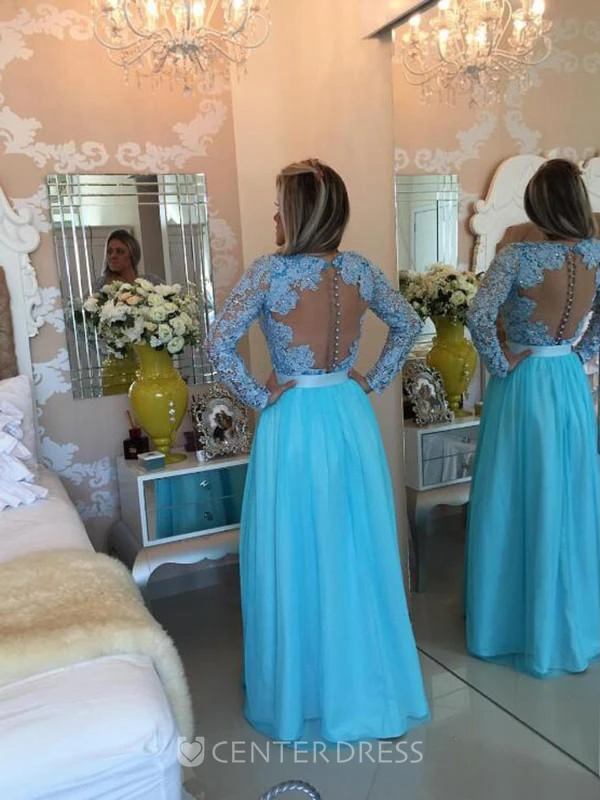 A-Line Princess Long Sleeves V-neck Tulle Applique Floor-Length Dresses