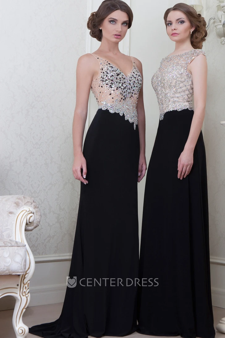 Sheath Crystal Sleeveless V-Neck Long Jersey Evening Dress