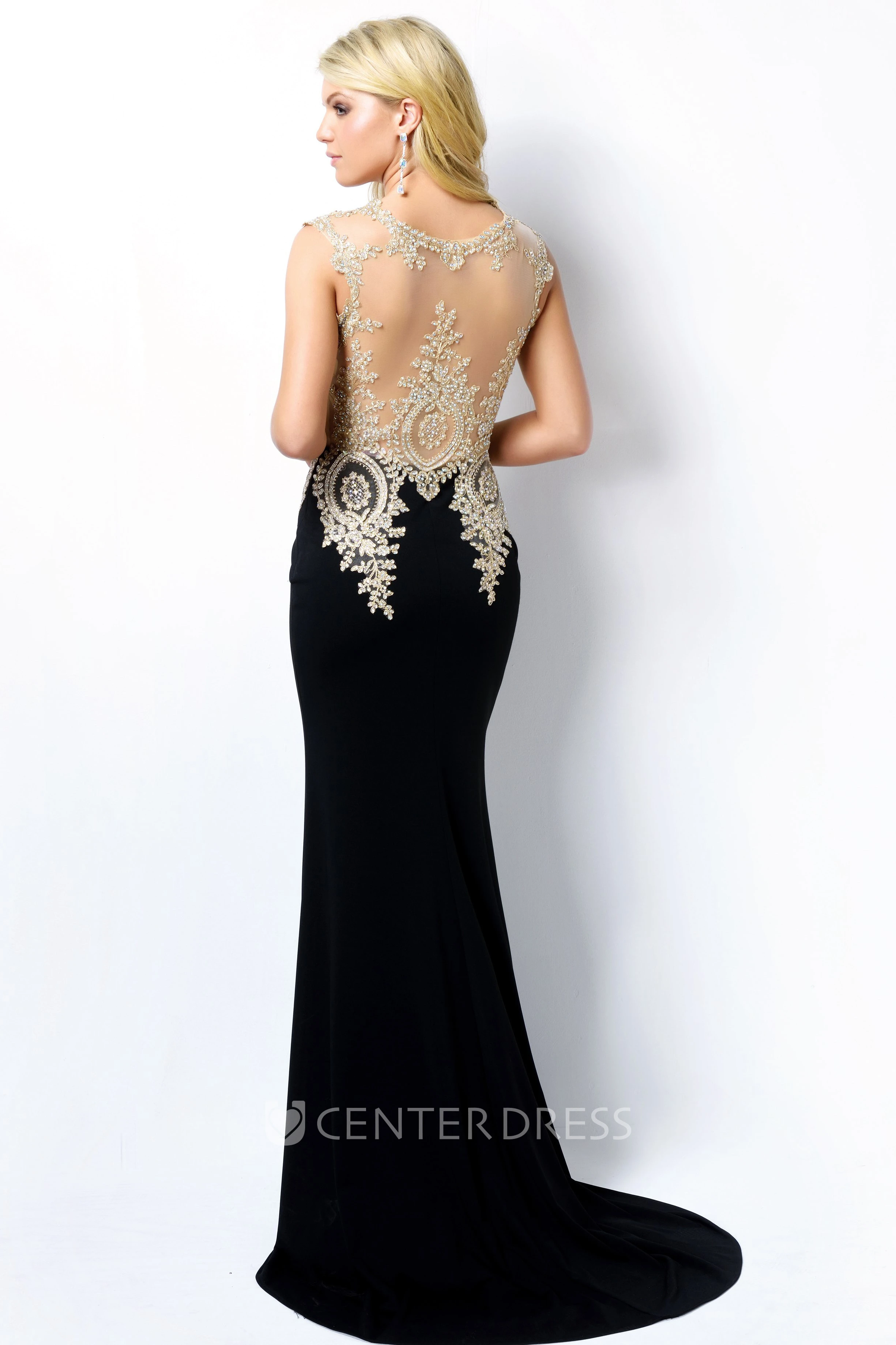 Sheath Long Scoop-Neck Sleeveless Jersey Illusion Dress With Beading