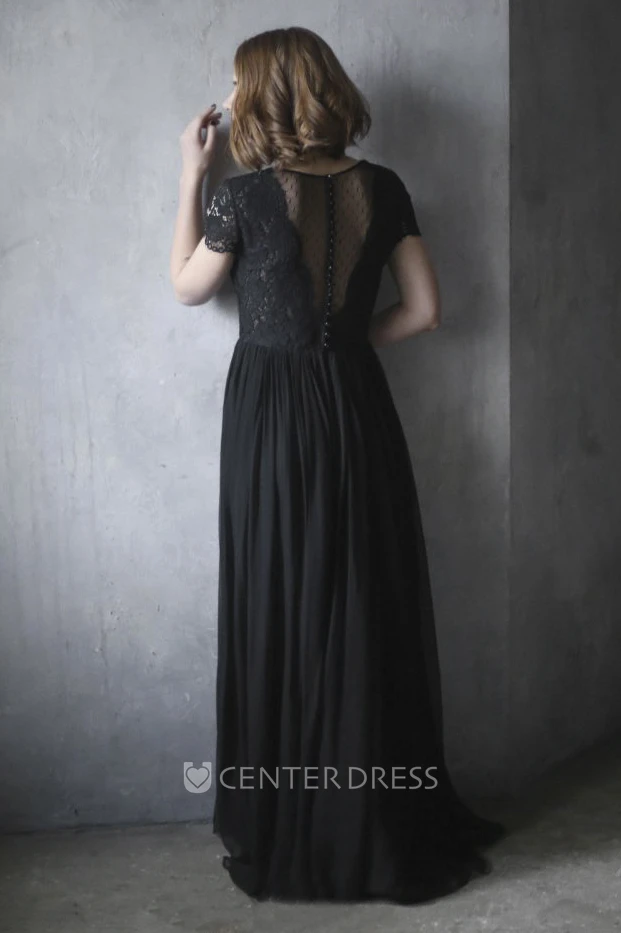 Black Illusion Back Chiffon Wedding Dress With Scalloped V-neck Lace Appliques