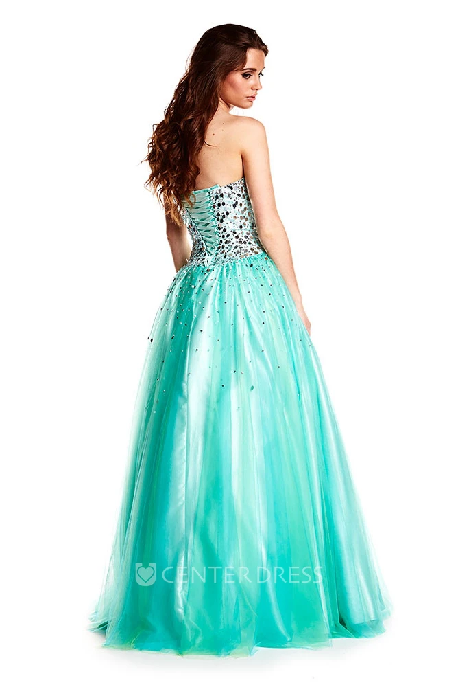 A-Line Sleeveless Beaded Strapless Floor-Length Tulle&Satin Prom Dress With Bow