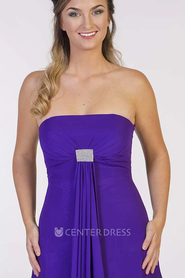 A-Line Strapless Long Broach Sleeveless Chiffon Prom Dress With Draping