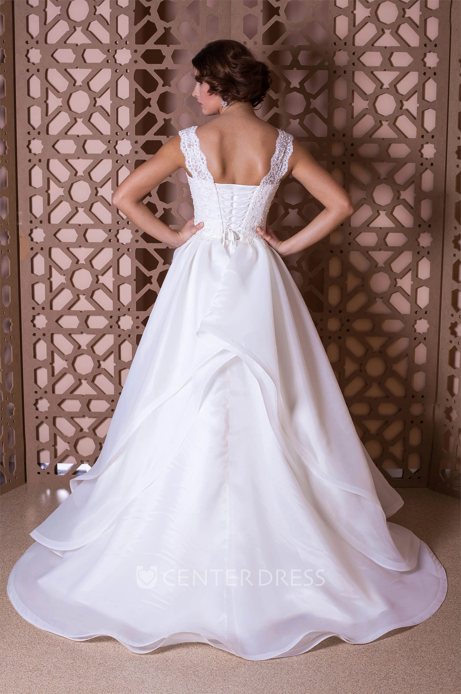 A-Line V-Neck Floor-Length Sleeveless Appliqued Organza Wedding Dress With Tiers