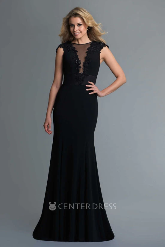 Sheath Jewel-Neck Cap-Sleeve Jersey Illusion Dress With Appliques