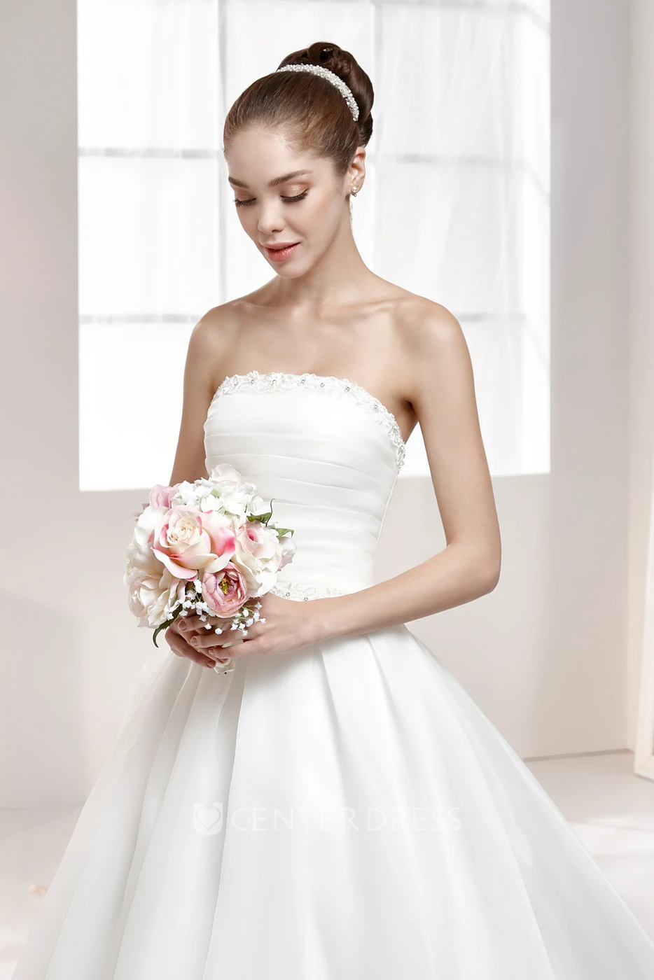 Jewel-Neck A-Line Gown With Beaded Details And Pleated Bodice