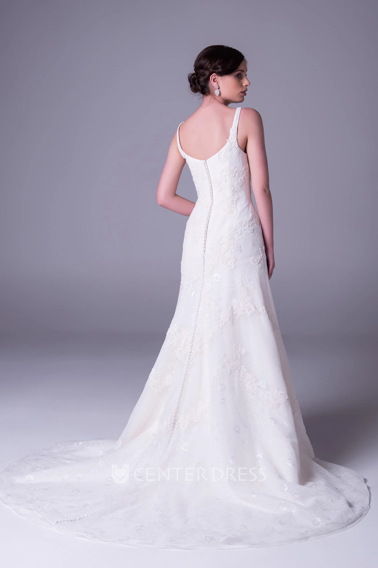 A-Line Strapped Floor-Length Sleeveless Appliqued Lace Wedding Dress