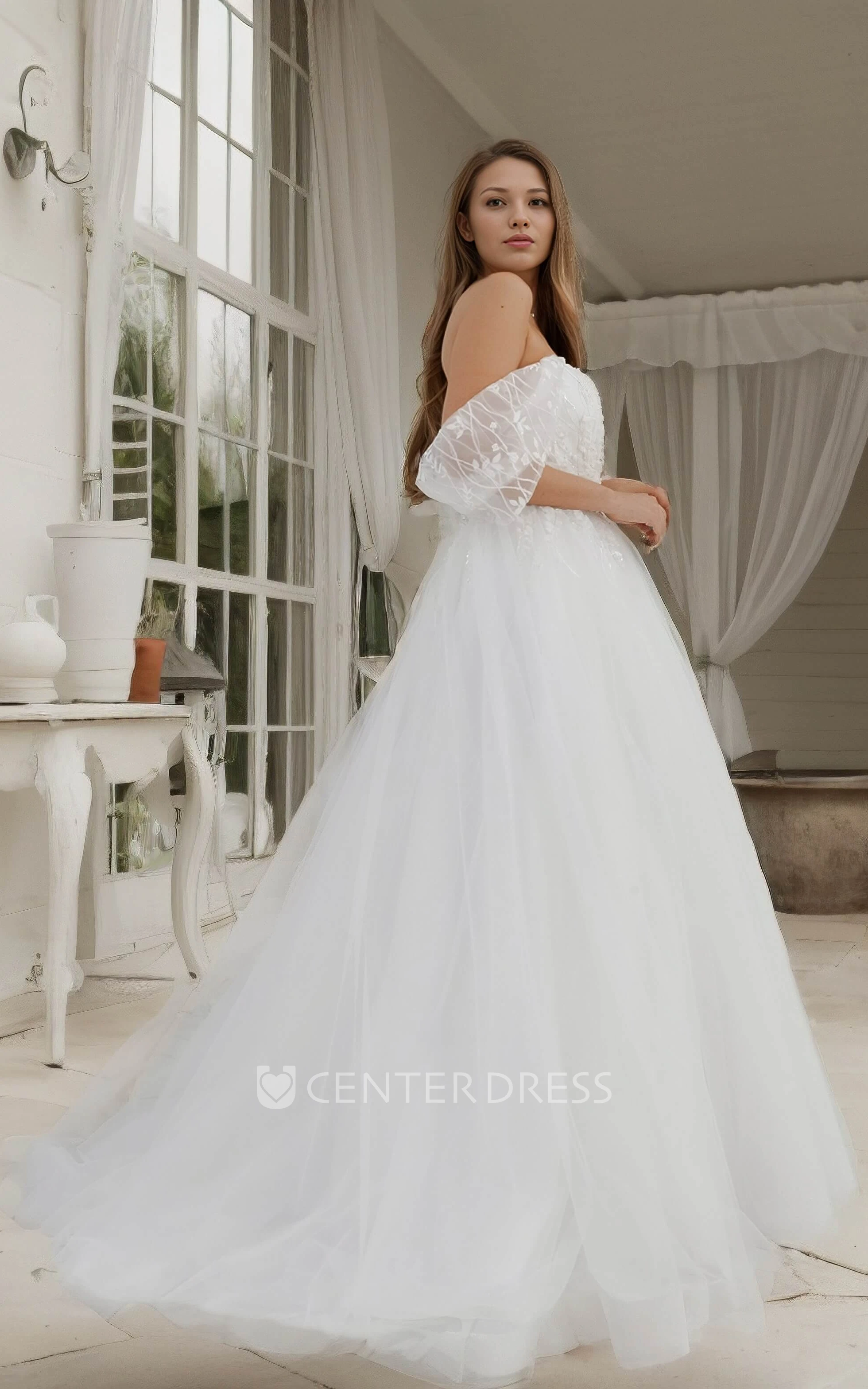 Romantic Floral A-Line Off the Shoulder Boho Lace Removable Sleeve Wedding Dress Sexy Princess Beaded Aplliques Floor Length Ball Gown