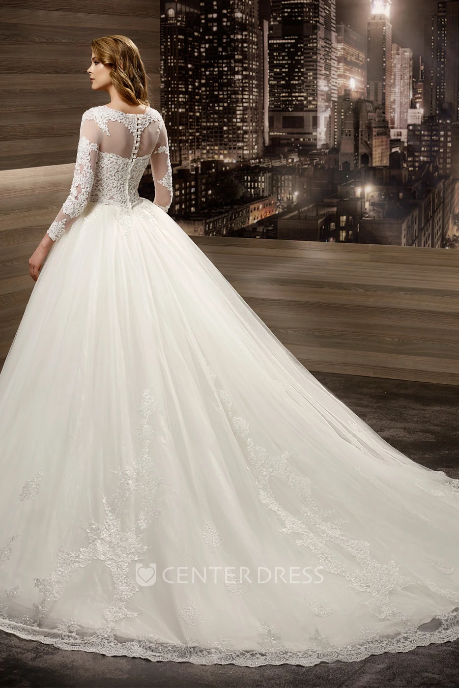 A-line Long-sleeve Wedding Gown with Lace Appliques Bodice and Brush Train
