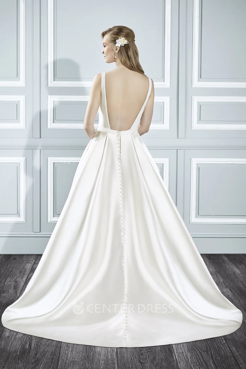 A-Line Long Square Sleeveless Satin Wedding Dress With Court Train And Backless Style