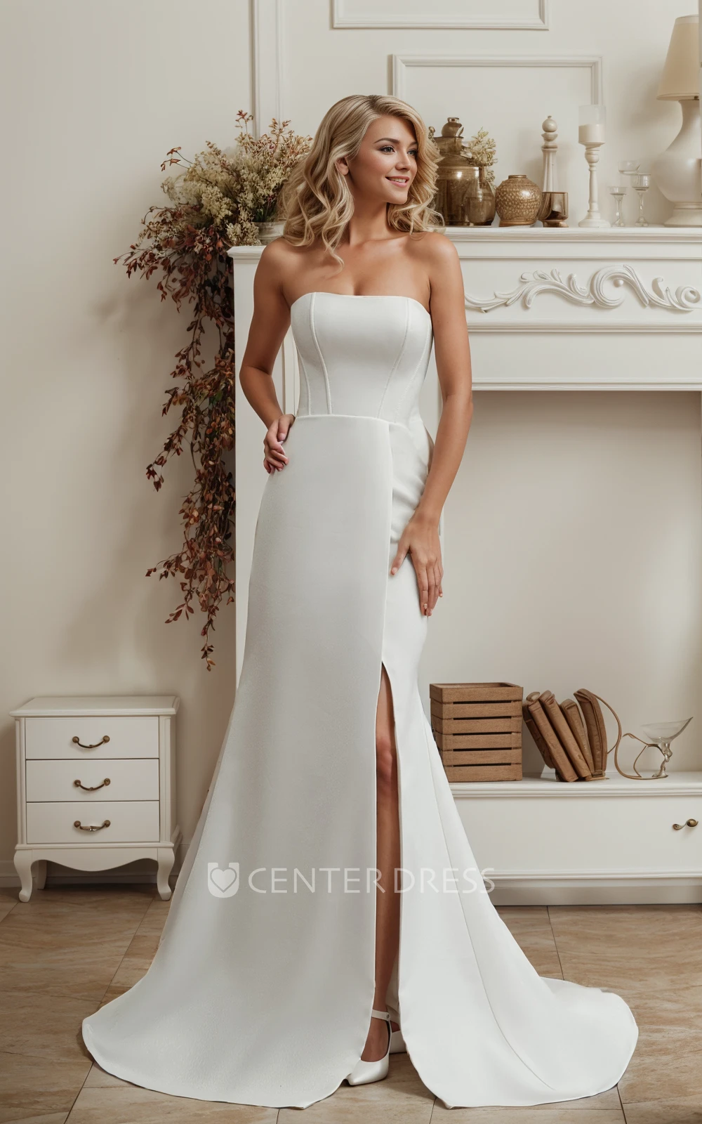 Romantic Sexy Mermaid Sweatheart Neckline Split Front Wedding Dress Minimalist Simple Sleeveless Strapless Floor Length Reception Fit and Flare Bridal Gown