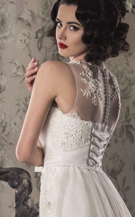 Lace Satin Weddig Dress With Illusion Corset Back