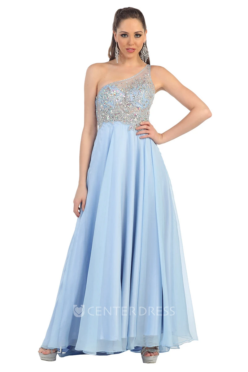 A-Line Long One-Shoulder Sleeveless Illusion Dress With Beading And Pleats