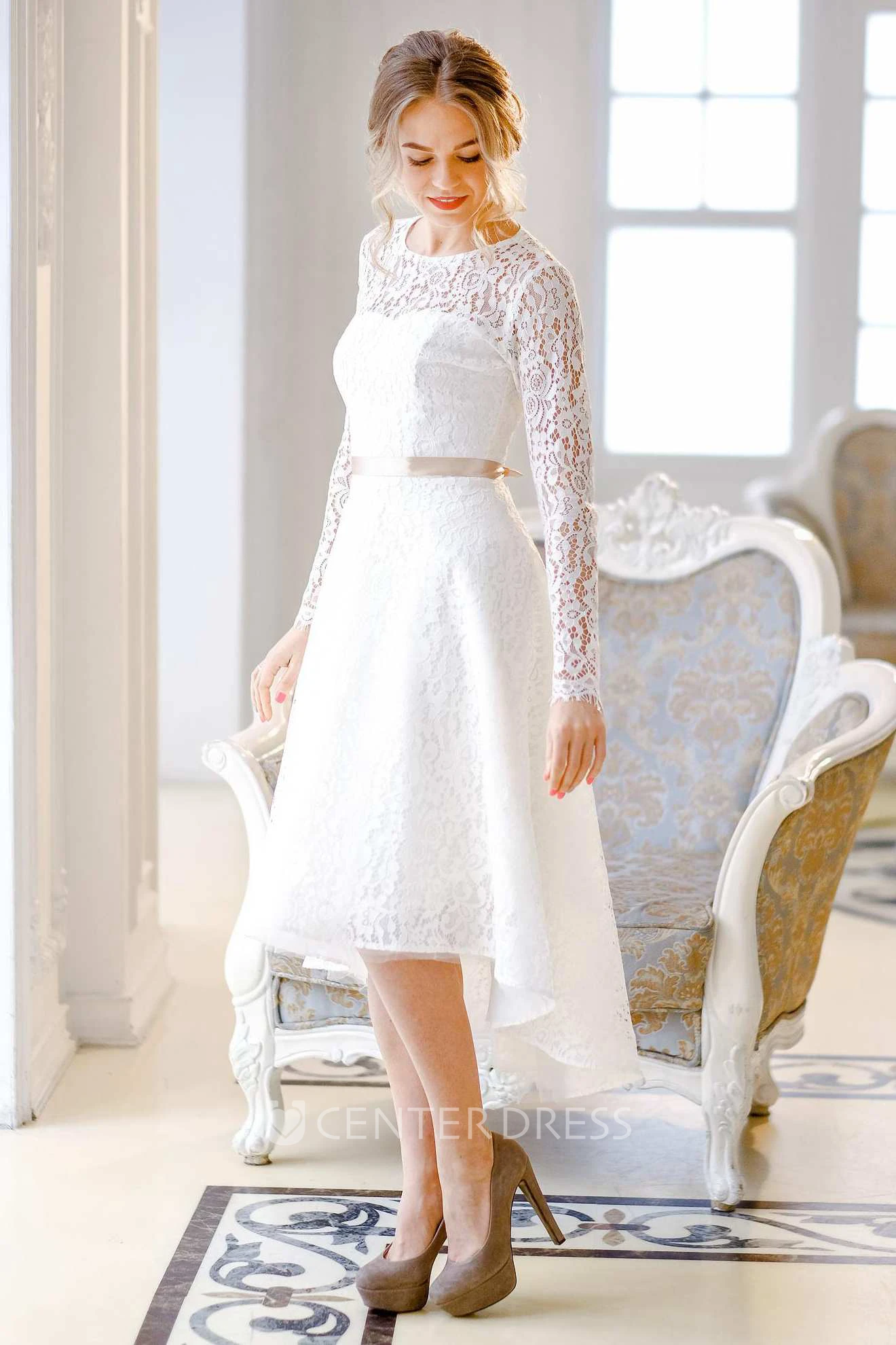 Short Mini Knee-Length Satin Lace Lace-Up Corset Back Wedding Dress