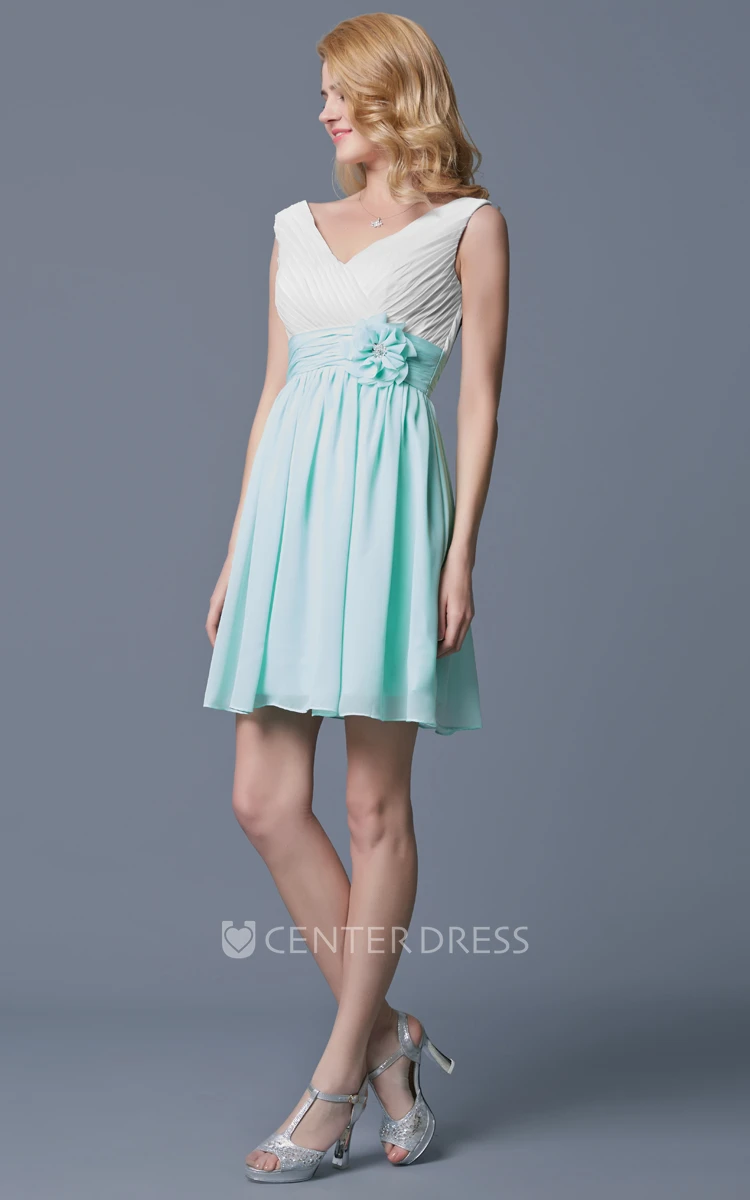 A-line Sleeveless Pleated Short Chiffon Dress With Flower Belt
