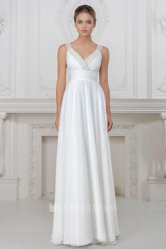Sheath V-Neck Floor-Length Sleeveless Ruched Satin Winter Wedding Dress With Beading