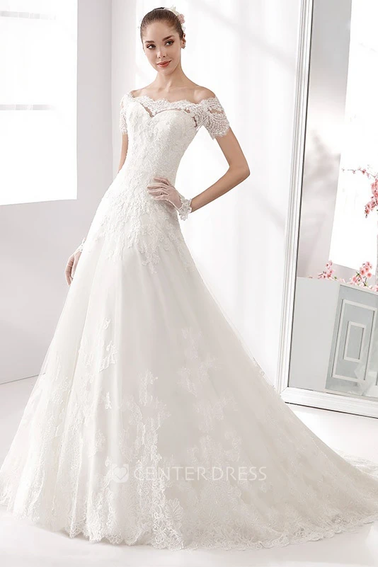 Off-shoulder A-line Wedding Dress with T-shirt Sleeves and Brush Train 