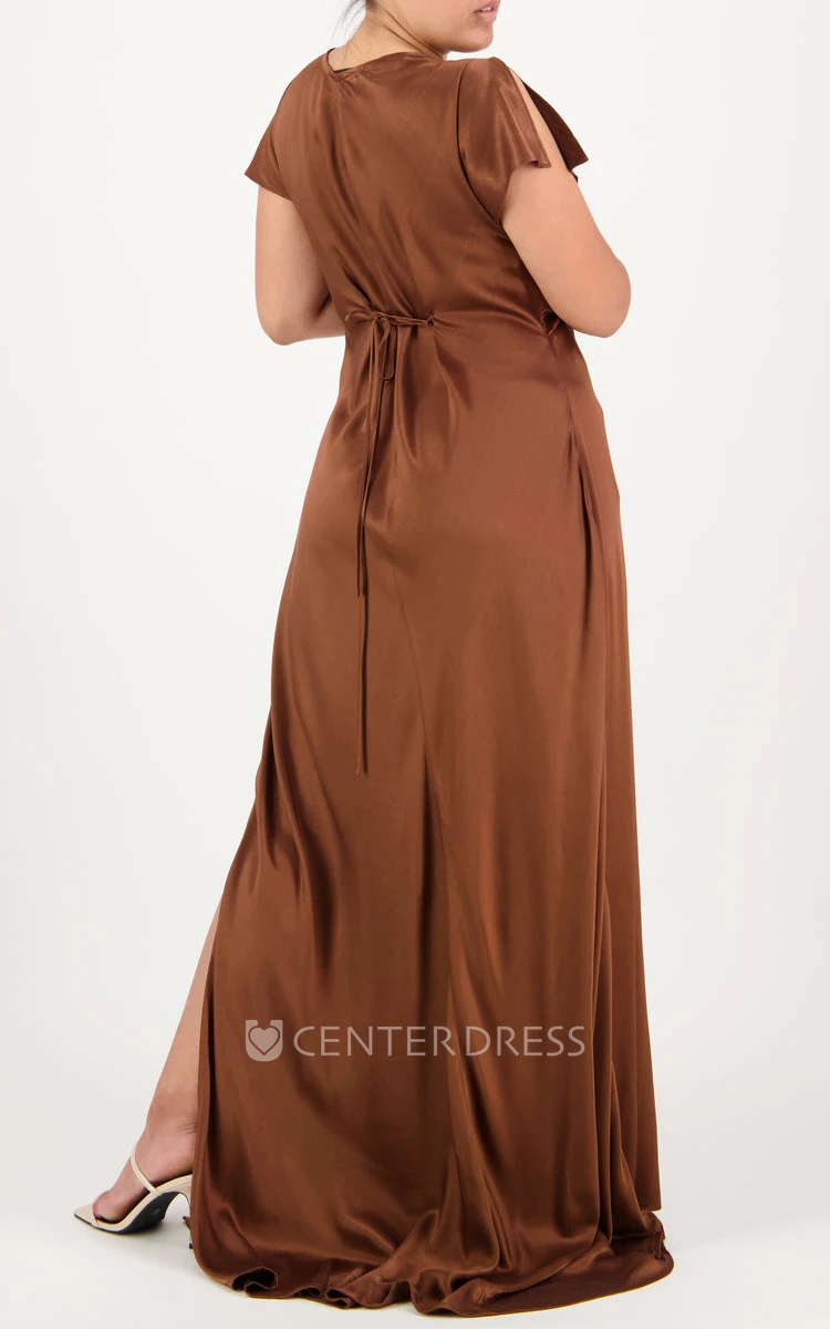 Elegant Beach A Line Charmeuse Bridesmaid Dress with Split Front and Petal Sleeves