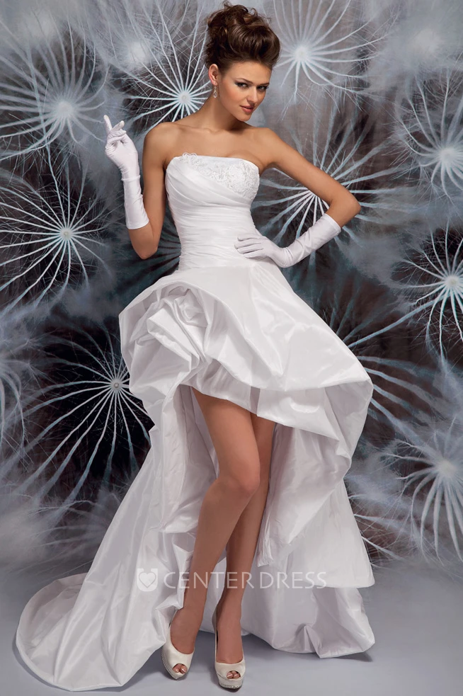 High-Low Strapless Ruffled Appliqued Satin Wedding Dress With Sweep Train - UCenter  Dress