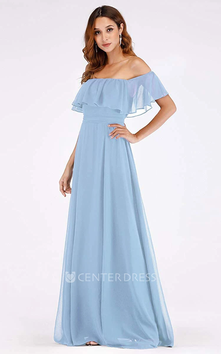 Simple A Line Chiffon Off-the-shoulder Evening Dress With Ruffles and Split Front