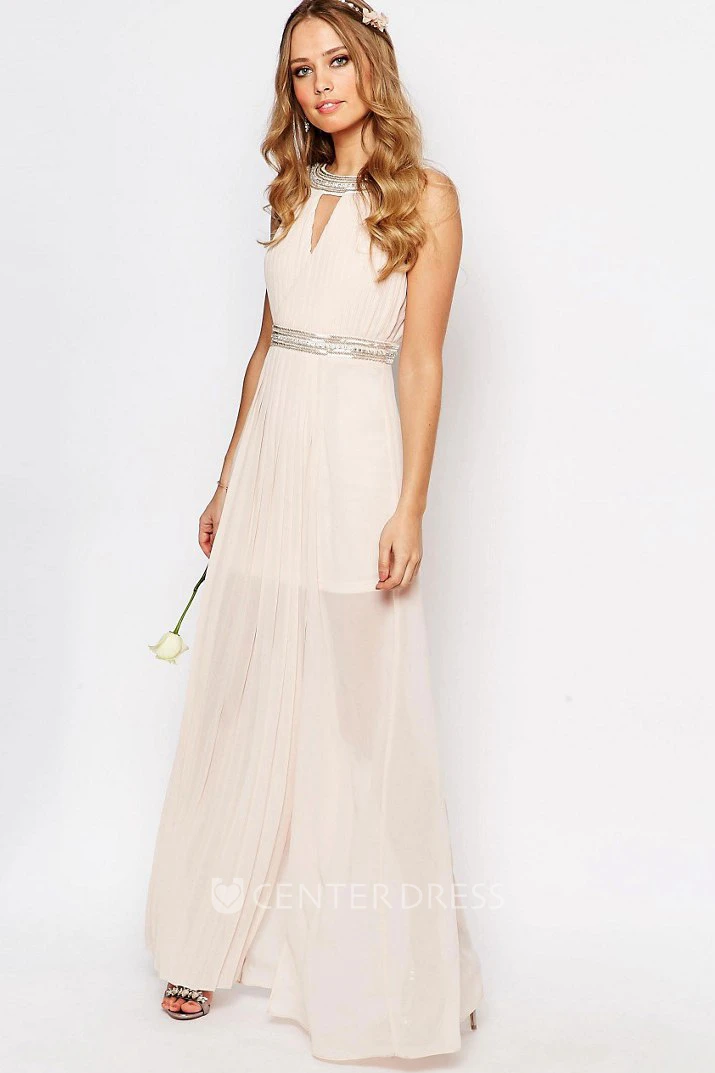 Ankle-Length Scoop Neck Split-Front Sleeveless Chiffon Bridesmaid Dress