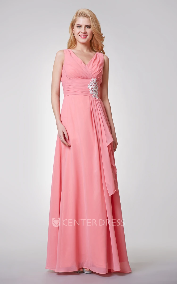 V-neck Empire Long Chiffon Bridesmaid Dress with Sexy back