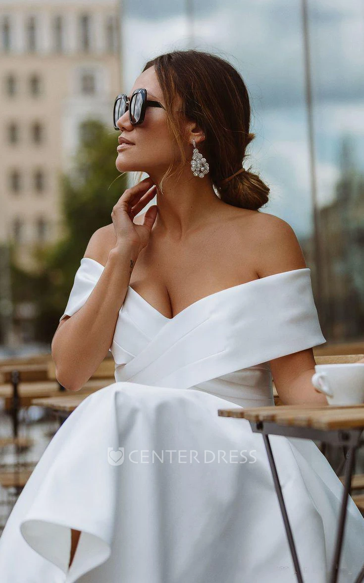 Modern Off-the-shoulder A Line Tea-length Satin Sleeveless Winter Wedding Dress with Ruching and Criss Cross