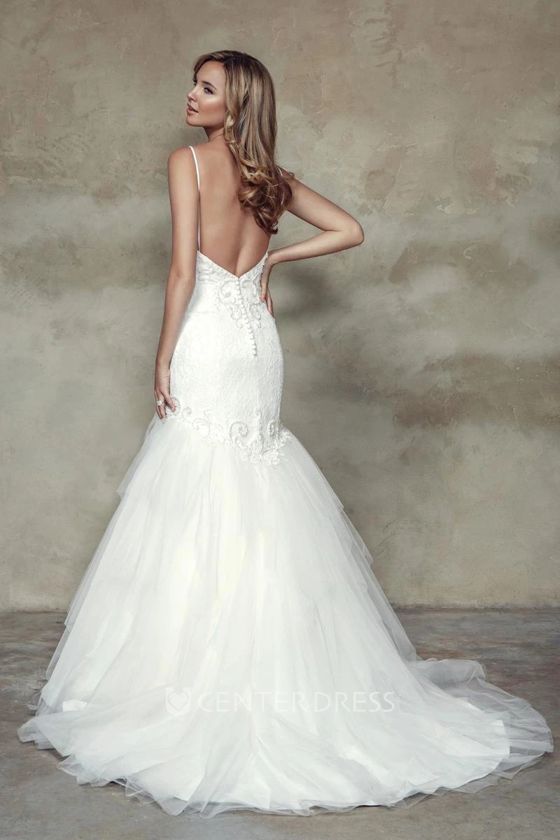 Mermaid Sleeveless Floor-Length Appliqued Spaghetti Lace&Tulle&Satin Wedding Dress With Ruffles And Backless Style