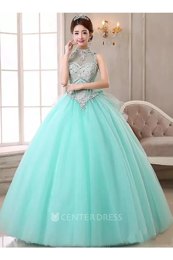 Sleeveless Ball Gown High Neck Floor-length Organza Tulle Prom Dress with Beading and Ruffles