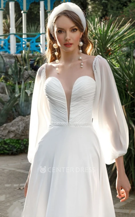 Exquisite A-Line Chiffon Plunging Neckline Floor-length Wedding Dress