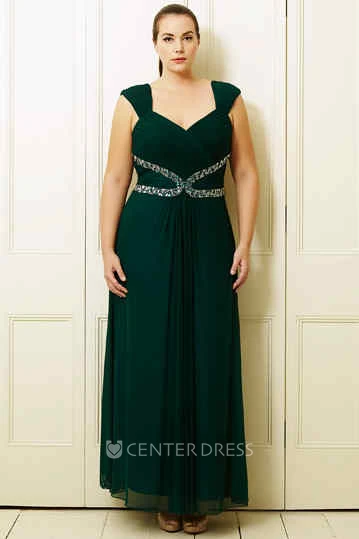 A-Line Knee-Length Sleeveless Beaded Queen-Anne Chiffon Plus Size Prom Dress With Ruching