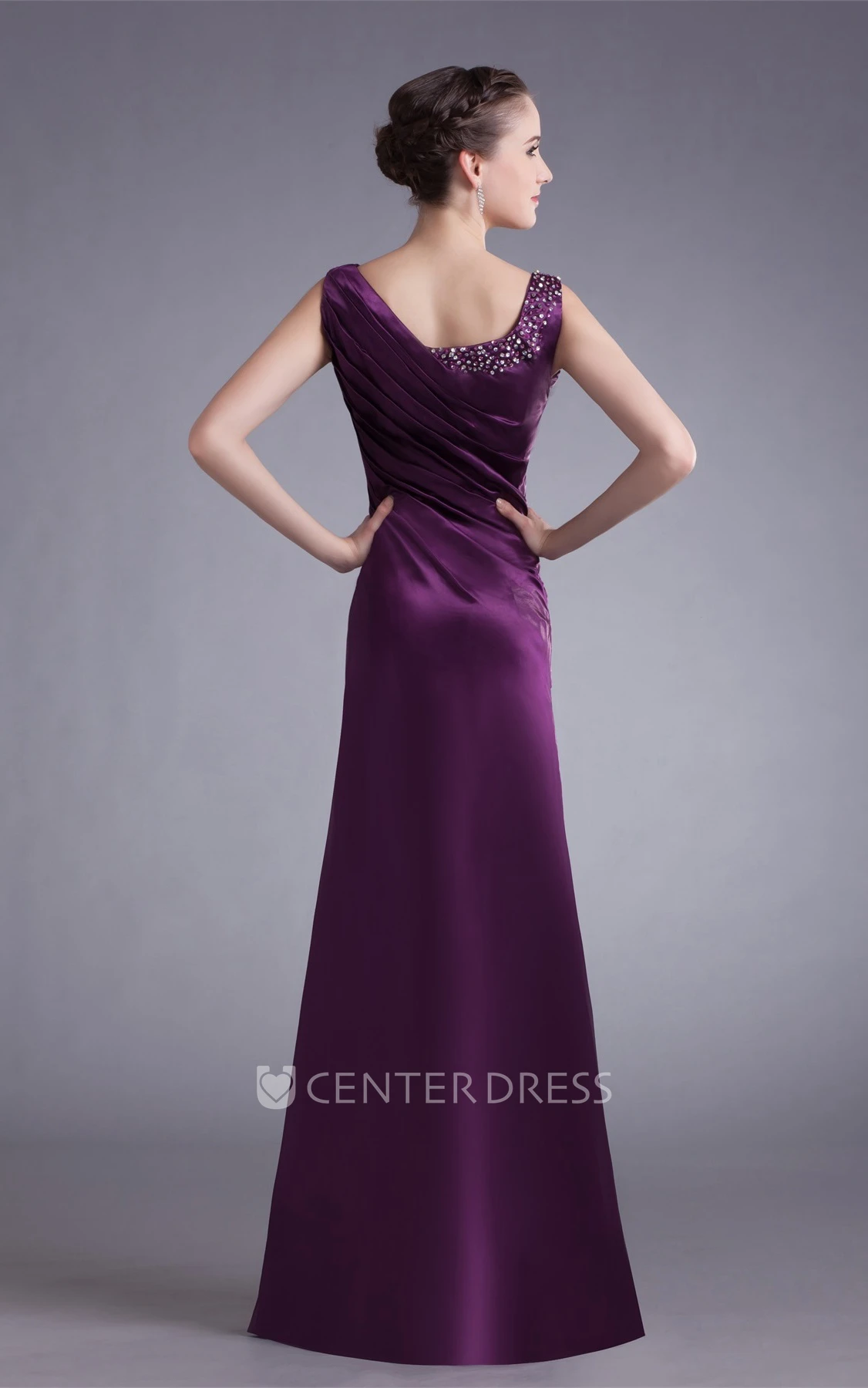 Satin Sleeveless Sheath Floor-Length Formal Gown with Ruching and Beading