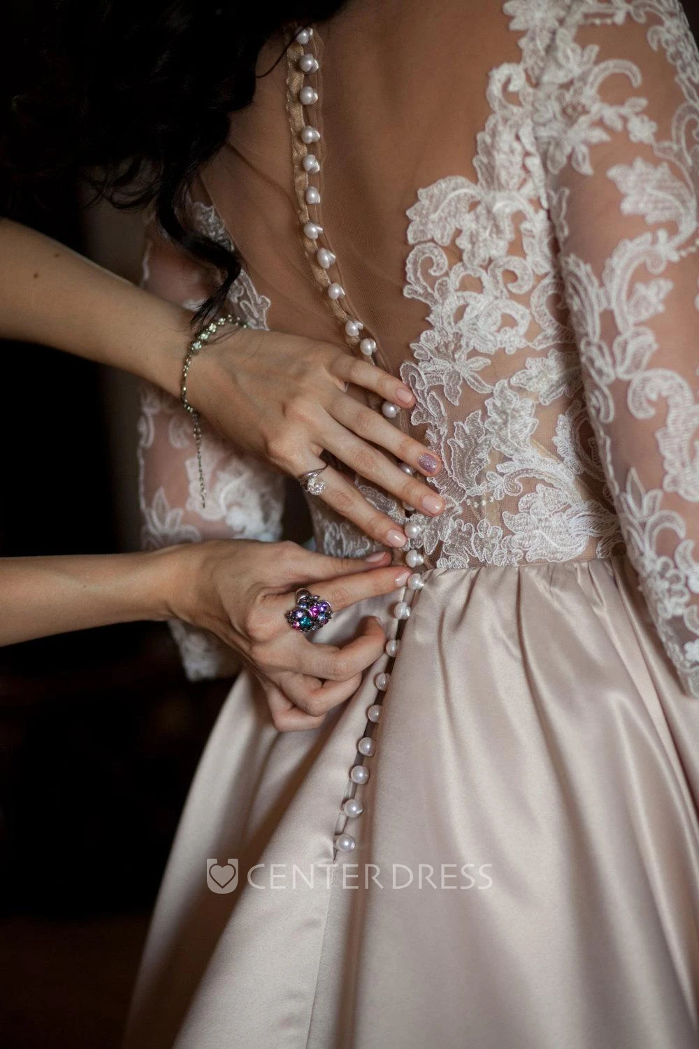 V-Neck Illusion Long Sleeve A-Line Satin Appliqued Plus Size Warm Wedding Dress