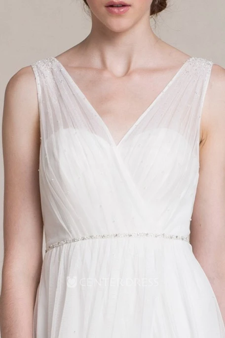 A-Line Jeweled V-Neck Long Sleeveless Tulle Wedding Dress With Pleats