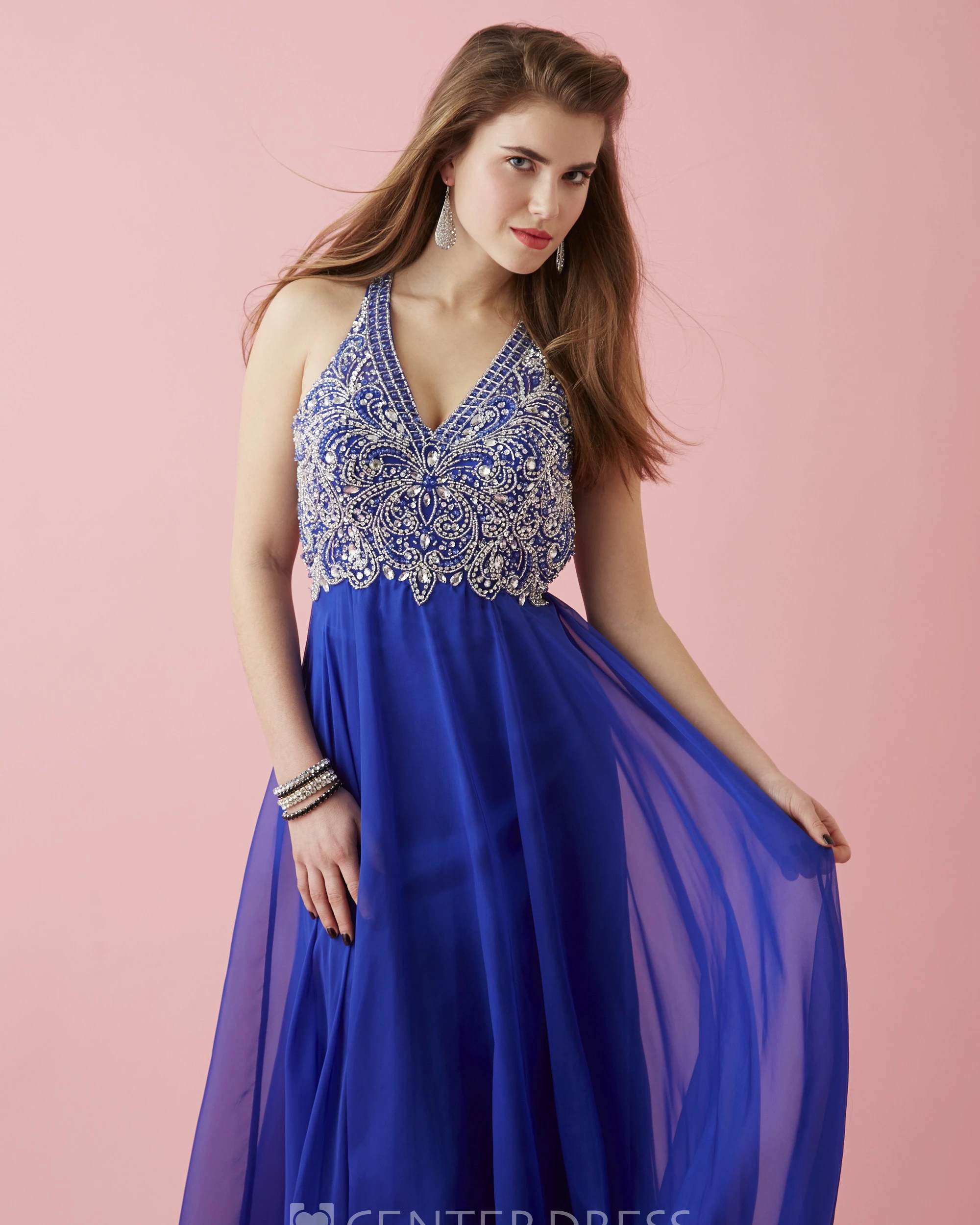 A-Line Floor-Length V-Neck Sleeveless Chiffon Straps Dress With Beading