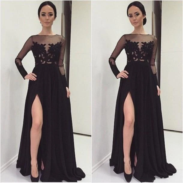 Sexy Lace Appliques Black Prom Dress Front Split Long Sleeve Illusion Sweep Train