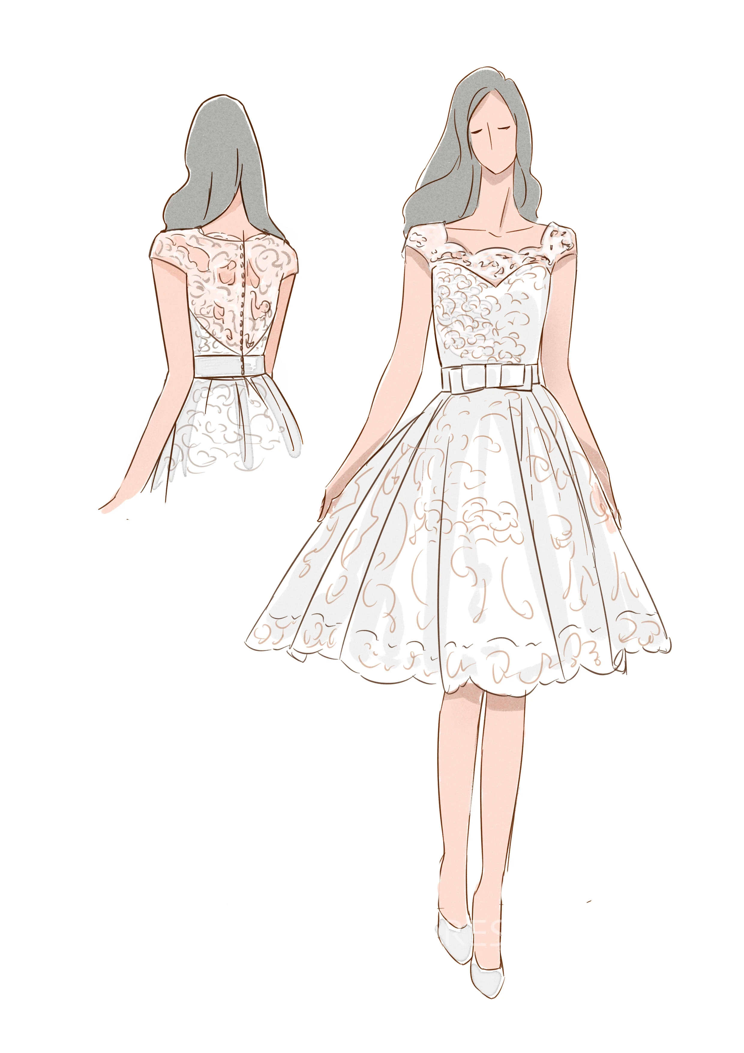 Tea-Length A-Line Cap Sleeve Square Neck Ribboned Lace Warm Wedding Dress