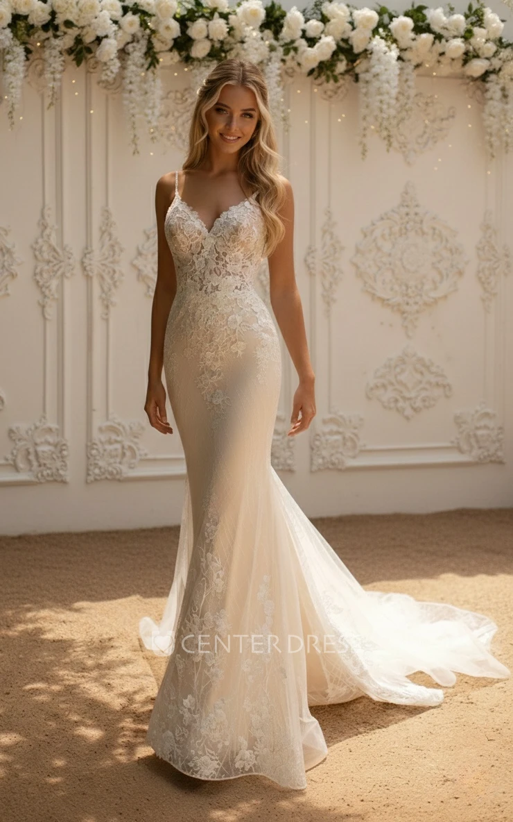 Modern Sexy Trumpet Lace Tulle Spaghetti V-neck Spring Wedding Dress Romantic Floor-length Sleeveless Low-V Back Bridal Gown with Appliques Court Train