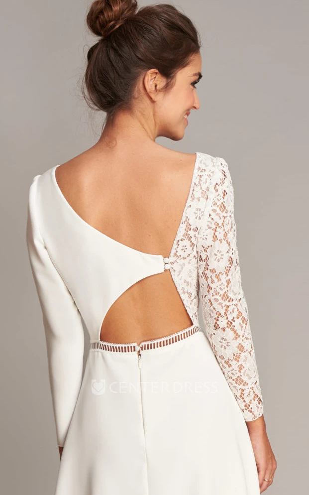 Romantic Satin Long Sleeve Illusion A Line Wedding Dress with Lace