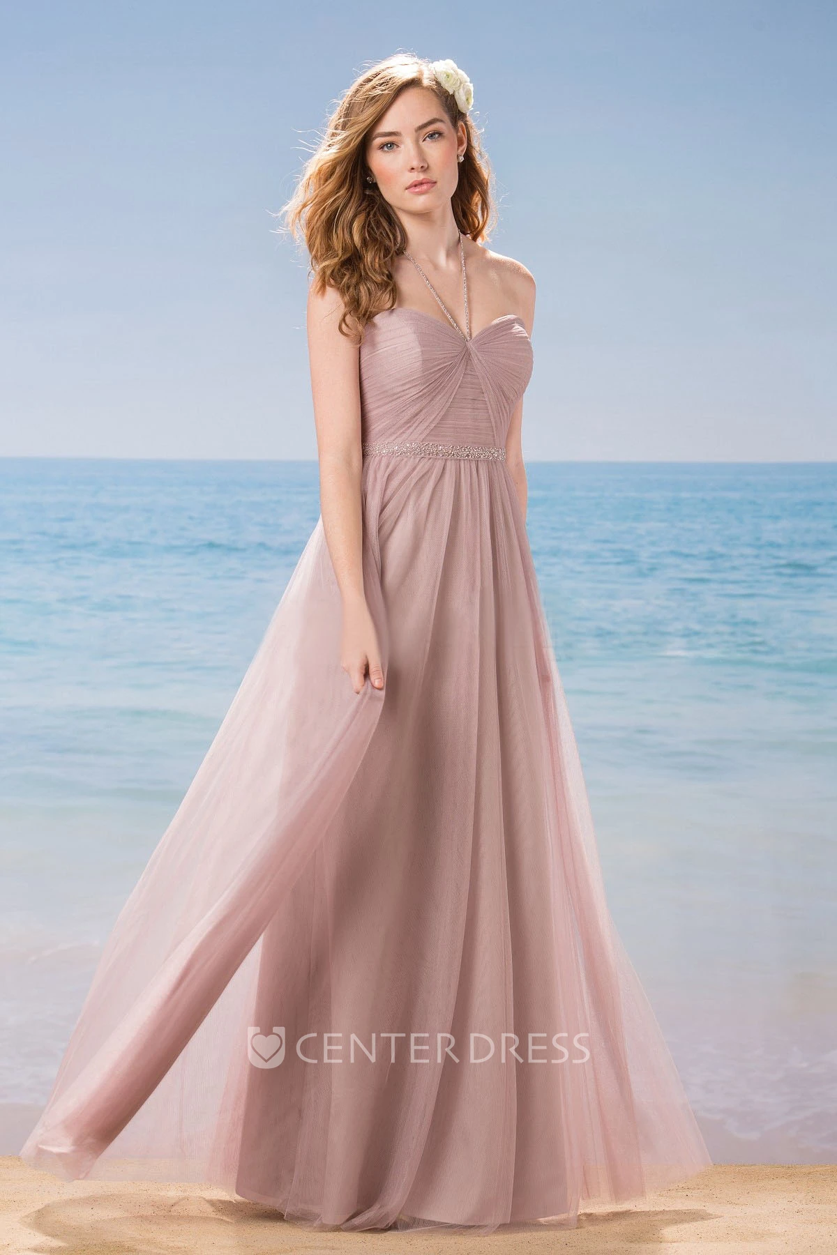 Halter A-Line Long Bridesmaid Dress With Ruching And Sequins