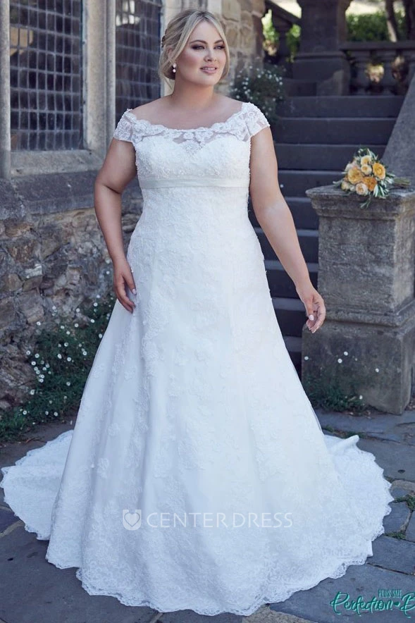 Off-The-Shoulder Lace Plus Size Wedding Dress With Lace Up