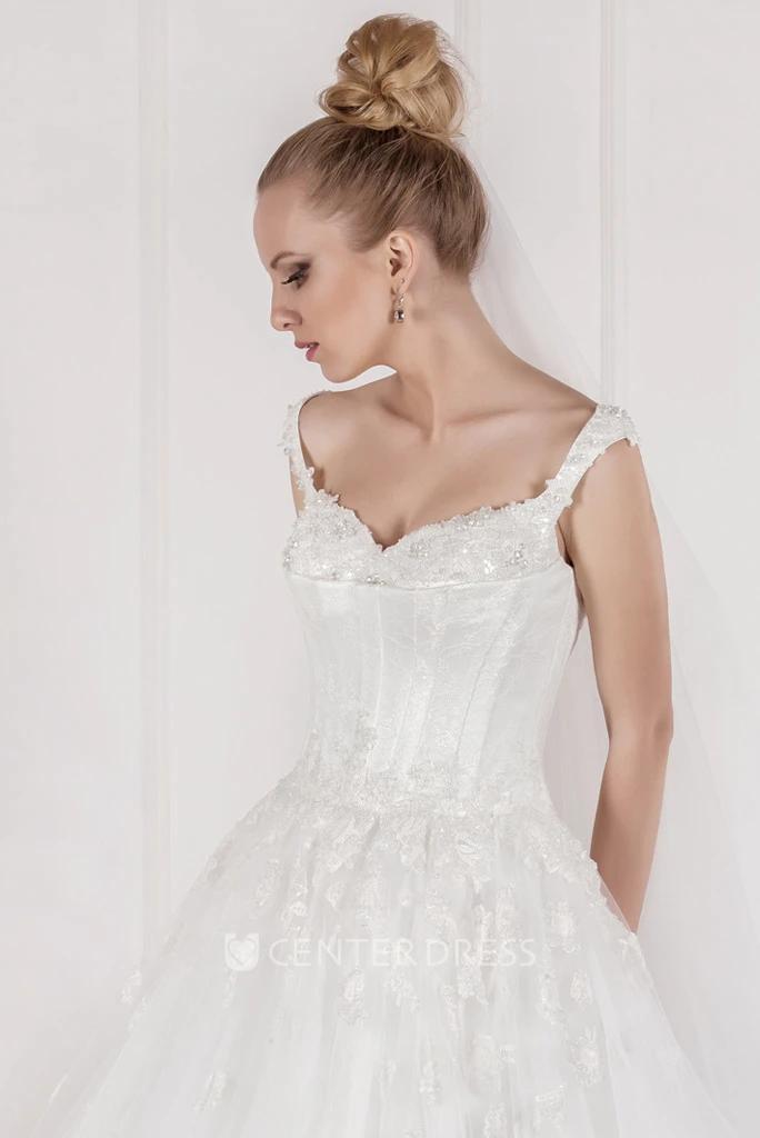 Ball-Gown Appliqued Floor-Length Sleeveless Tulle Wedding Dress With Pleats And Beading